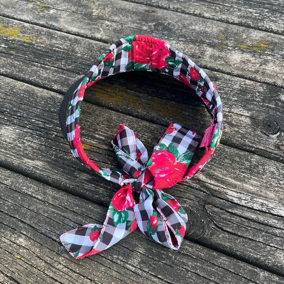 Betsey Johnson Gingham Floral Visor Black Brim Adjustable Tie One Size EUC - Picture 4 of 8